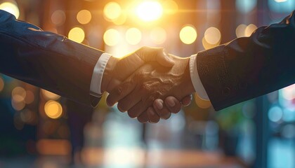 Close Up Of Two Businessmen In Suits Shaking Hands Against Bokeh Background