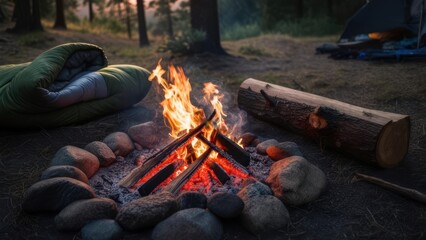 Cozy campfire glows warmly beside a sleeping bag and tent in a serene forest setting, inviting adventure and peaceful nights outdoors.