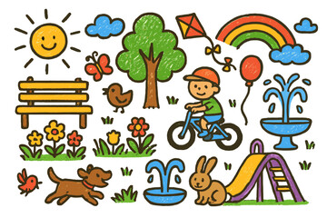 Obraz premium Playful Park Doodles. Colorful Hand-drawn doodle Children illustration Sunbeams in the park [park bench, tree, sunshine, flower bed, kite, dog, child on bike,