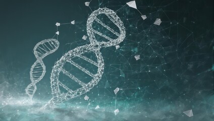 Stunning abstract science visualization of intertwined DNA helix structures with glowing particles and network connections, perfect for medical research and biotech innovation.