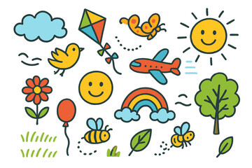 Colorful Doodle Dreamscape. Colorful Hand-drawn doodle Children illustration Flying above the field cloud, bird, kite, butterfly, sun, flower, grass, smiling