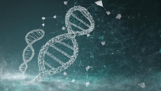 Stunning abstract science visualization of intertwined DNA helix structures with glowing particles and network connections, perfect for medical research and biotech innovation.