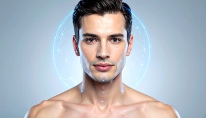 Close-up portrait of a man with a futuristic overlay