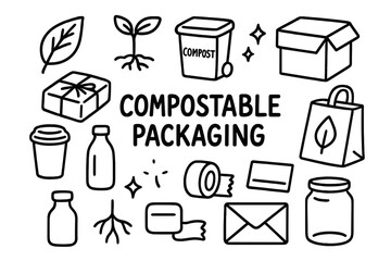 Compostable Doodles. Hand-drawn doodle illustration Compostable packaging [leaf, sprout, compost bin, paper wrap, cardboard box, paper bag, cup, bottle, star,