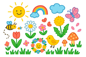 Colorful Wildflower Meadow. Colorful Hand-drawn doodle Children illustration Wildflower meadow daisy, tulip, dandelion, bee, grass, butterfly, sun, rainbow,