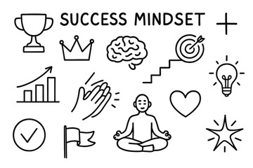Success Symbols Doodle. Hand-drawn doodle illustration Success Mindset trophy, crown, brain, positive sign, rising chart, stairs, goal icon, light bulb, yes