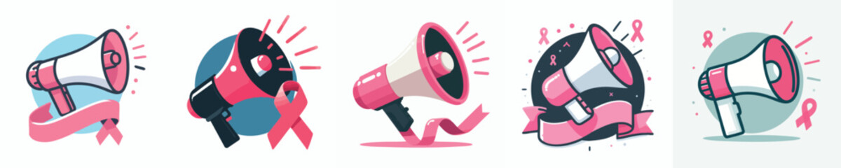 Breast Cancer Awareness Megaphone with Pink Ribbon – Dynamic Cartoon Illustration Set