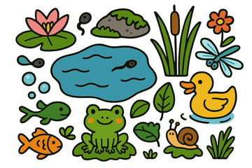 Mossy Pond Doodles. Colorful Hand-drawn doodle Children illustration Mossy Pond Scene water lily, pond rock, moss, frog, tadpole, reeds, dragonfly, duck,