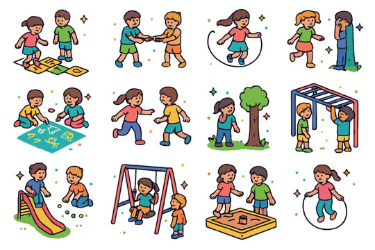 Playful Kids Icons. Colorful isometric vector icons set of kids playing together: hopscotch, tug of war, jump rope, chalk drawing, tag, hide and seek, marbles,