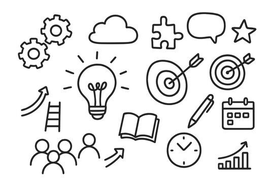 Creative Brainstorming Doodle. Hand-drawn doodle illustration creative brainstorming light bulb, gears, puzzle piece, book, speech bubble, star, target, clock,
