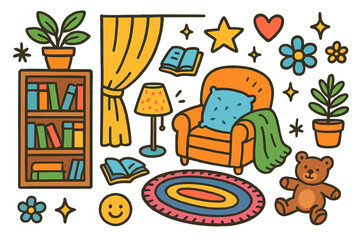 Fototapeta premium Cozy Reading Nook. Colorful Hand-drawn doodle Children illustration Cozy reading nook bookshelf, book, pillow, blanket, teddy bear, rug, lamp, chair, star,