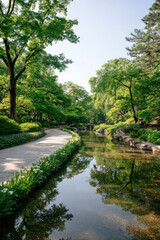 tranquil garden path with augmented reality markers for meditation surrounded by calm waters and nature reflections
