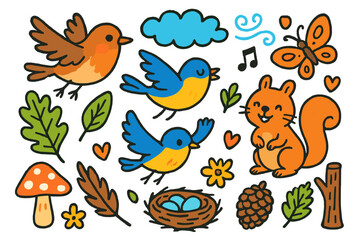 Woodland Creatures in Flight. Colorful Hand-drawn doodle Children illustration Woodland Birds in Flight robin, oak leaf, feather, branch, flying
