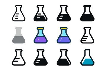 Flask Logo Variations. Set Logo of Flasks: Conical measuring flask with liquid level. Logo set in vector style, emblematic variations. line, bold thick line,