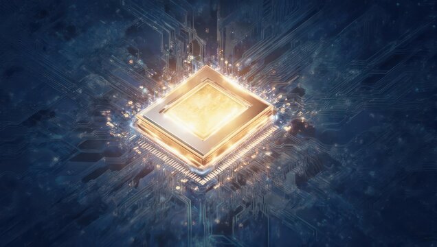 Stunning luminous microchip glowing with vibrant energy, representing advanced technology and digital innovation