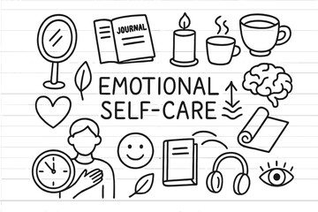 Emotional Self-Care Icons. Hand-drawn doodle illustration Emotional self-care [mirror, journal, candle, tea cup, heart, brain, leaf, yoga mat, clock, hand on