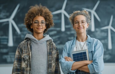 During a class introducing renewable energy sources, a boy holding a windmill model stands next to a female teacher holding a solar panel.