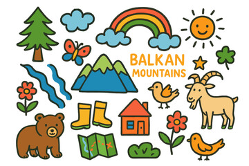 Naklejka premium Balkan Mountains Doodle. Colorful Hand-drawn doodle Children illustration Balkan Mountains [mountain, pine tree, flower, bear, goat, star, rainbow, sun, cloud,