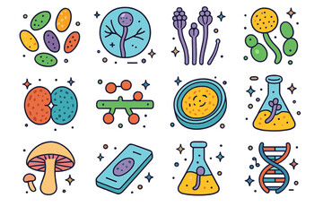 Colorful Fungi Icons. Colorful isometric vector icons set of microscopic fungi elements: fungal spores, hypha under microscope, conidia, sporangium, zygospore,