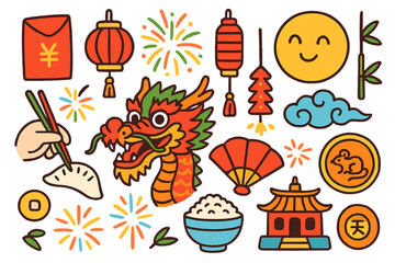 Lunar New Year Symbols. Colorful Hand-drawn doodle Children illustration Lunar New Year red envelope, lantern, dragon, firecracker, dumpling, chopsticks,