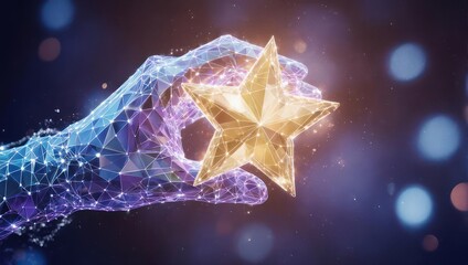 Brilliant golden star held by a glowing polygonal hand symbolizing innovation, achievement, and digital success in a cosmic setting