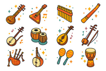 Obraz premium Traditional Instrument Icons. Colorful isometric vector icons set of Traditional musical instruments: sitar, balalaika, pan flute, didgeridoo, shamisen, tabla,