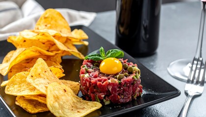 Beef tartare with egg yolk, capers, and tortilla chips