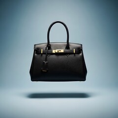 A stylish black leather handbag floats against a simple backdrop, showcasing its elegant design and sophisticated details.
