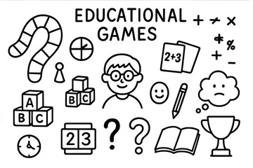 Educational Game Doodles. Hand-drawn doodle illustration Educational games [board game, spinner, math symbols, flashcards, ABC blocks, student, pencil, smiling