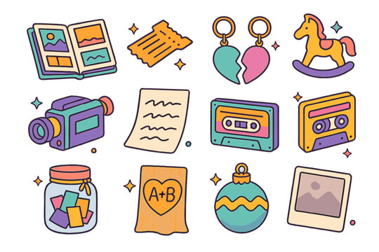 Nostalgic Icon Collection. Colorful isometric vector icons set of nostalgic shared memories: flipping photo album, old ticket stub, childhood toy, matching