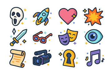 Film Genre Icons. Colorful isometric vector icons set of film genres: horror mask, sci-fi spaceship, romantic heart, action explosion, fantasy sword, comedy