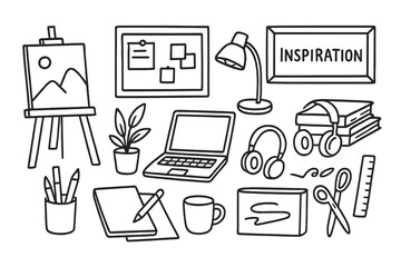 Creative Studio Doodle. Hand-drawn doodle illustration Creative studio corner [easel, sketchpad, pencil, pen holder, plant, laptop, headphones, cork board,