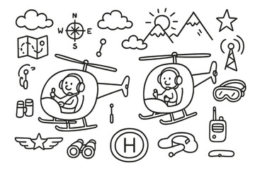 Helicopter Pilot Doodles. Hand-drawn doodle illustration Pilots flying helicopters [helicopter, pilot figure, headset, control stick, clouds, mountain, sun,