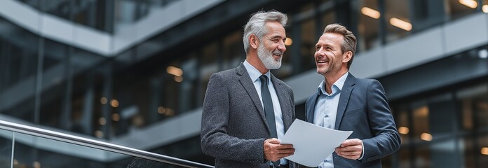 Businessmen in formal suits conversing professionally while standing on a contemporary office balcony and examining documents in a folder inside a corporate building