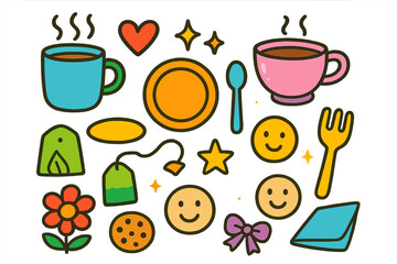 Colorful Drink Coaster Doodles. Colorful Hand-drawn doodle Children illustration Coasters for Hot Drinks steaming mug, cup of cocoa, coaster, plate, spoon,