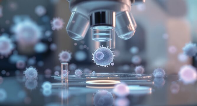 Microscopic view of virus cells under a powerful microscope lens, laboratory research, scientific discovery, medical technology