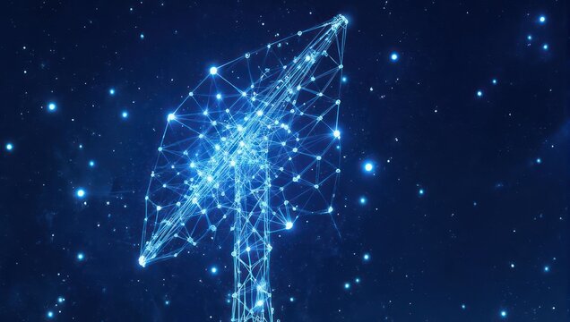 Stunning network of glowing blue nodes and lines connecting in a vast starry expanse, symbolizing global connectivity and digital innovation.