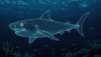 Naklejka premium Dynamic wireframe shark glides through deep ocean depths, showcasing futuristic marine biology and digital exploration