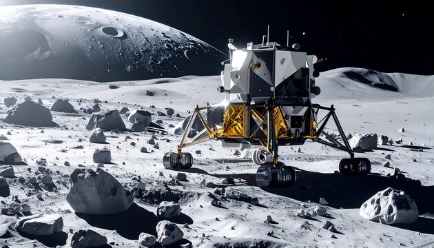 Lunar lander on a rocky moon surface
