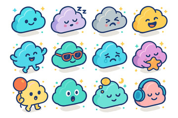 Whimsical Cloud Icons. Colorful isometric vector icons set of fluffy cloud characters: happy cloud, sleepy cloud, angry cloud, laughing cloud, dancing cloud,
