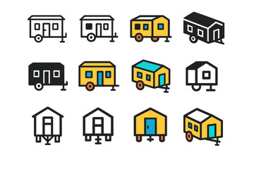 Construction Logo Grid. Set Logo of Commercial Construction: Worksite Office Trailer. Logo set in vector style, emblematic variations. line, bold thick line,