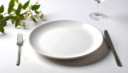 Empty white plate, fork, knife, and glass on white table with greenery