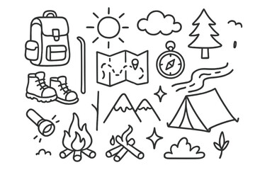 Fototapeta premium Hiking Journey Doodle. Hand-drawn doodle illustration Hiking Journey [backpack, boots, walking stick, map, compass, sun, cloud, tree, river, tent, campfire,