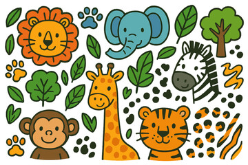 Naklejka premium Jungle Animal Doodle Rug. Colorful Hand-drawn doodle Children illustration Animal pattern rug lion, elephant, giraffe, zebra, monkey, paw prints, jungle