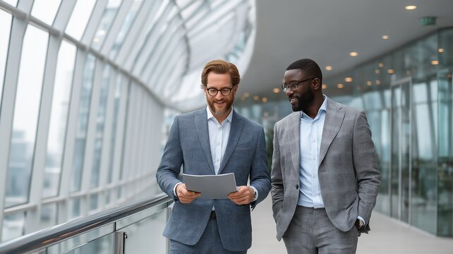 Businessmen in formal suits conversing professionally while standing on a contemporary office balcony and examining documents in a folder inside a corporate building - Powered by Adobe