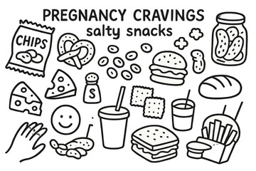 Pregnancy Cravings Doodle. Hand-drawn doodle illustration Pregnancy cravings salty snacks [potato chips, pretzel, popcorn, salted peanuts, cheese slice, pickle