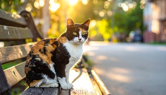 Calico cat sits serenely on park bench, sunlit