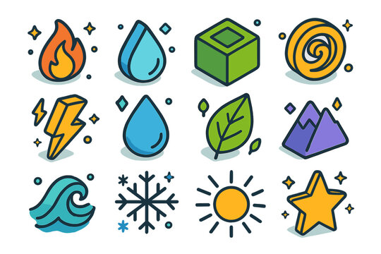 Elemental Isometric Icon Set. Colorful isometric vector icons set of elemental symbols: triangle for fire, inverted triangle for water, square for earth,