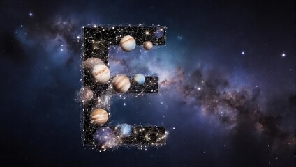 Stunning cosmic letter E formation featuring diverse planets and glowing nebulae, perfect for educational or futuristic themes