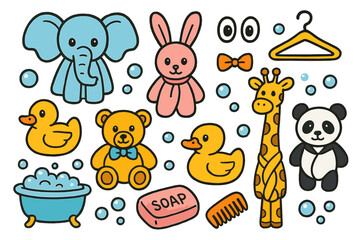 Naklejka premium Playful Towel Animals. Colorful Hand-drawn doodle Children illustration Towel Animals elephant towel, bunny towel, teddy bear towel, duck towel, giraffe towel,